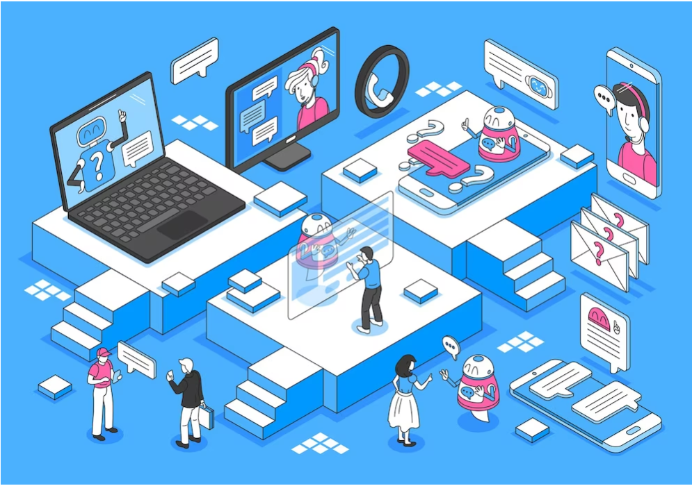 People using multiple chatbot examples for various services on their devices, showcasing how chatbots are integrated into different platforms for customer support, e-commerce, and social media interactions